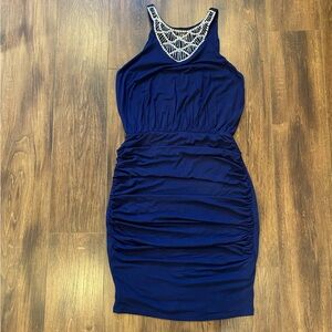 navy blue high neck fitted dress with rhinestones